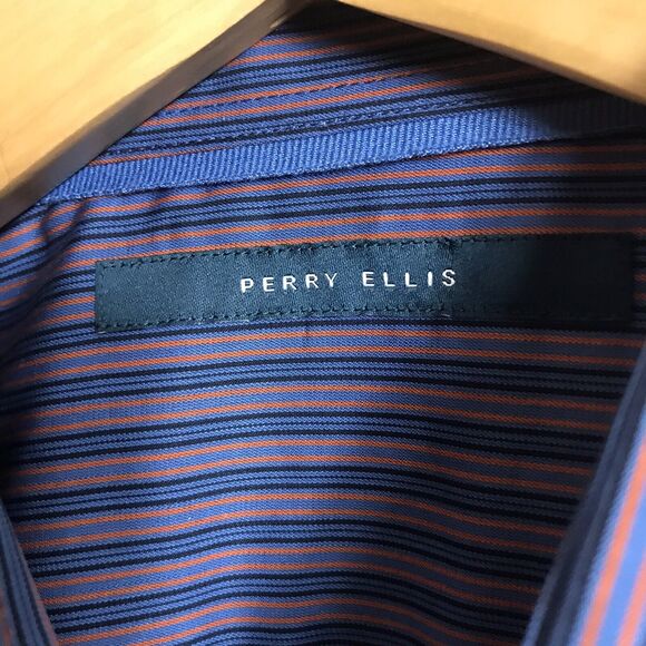 Perry Ellis Dressy Essentials Mens Large Long Sleeve Blue Striped Shirt $79.50 - Picture 2 of 5